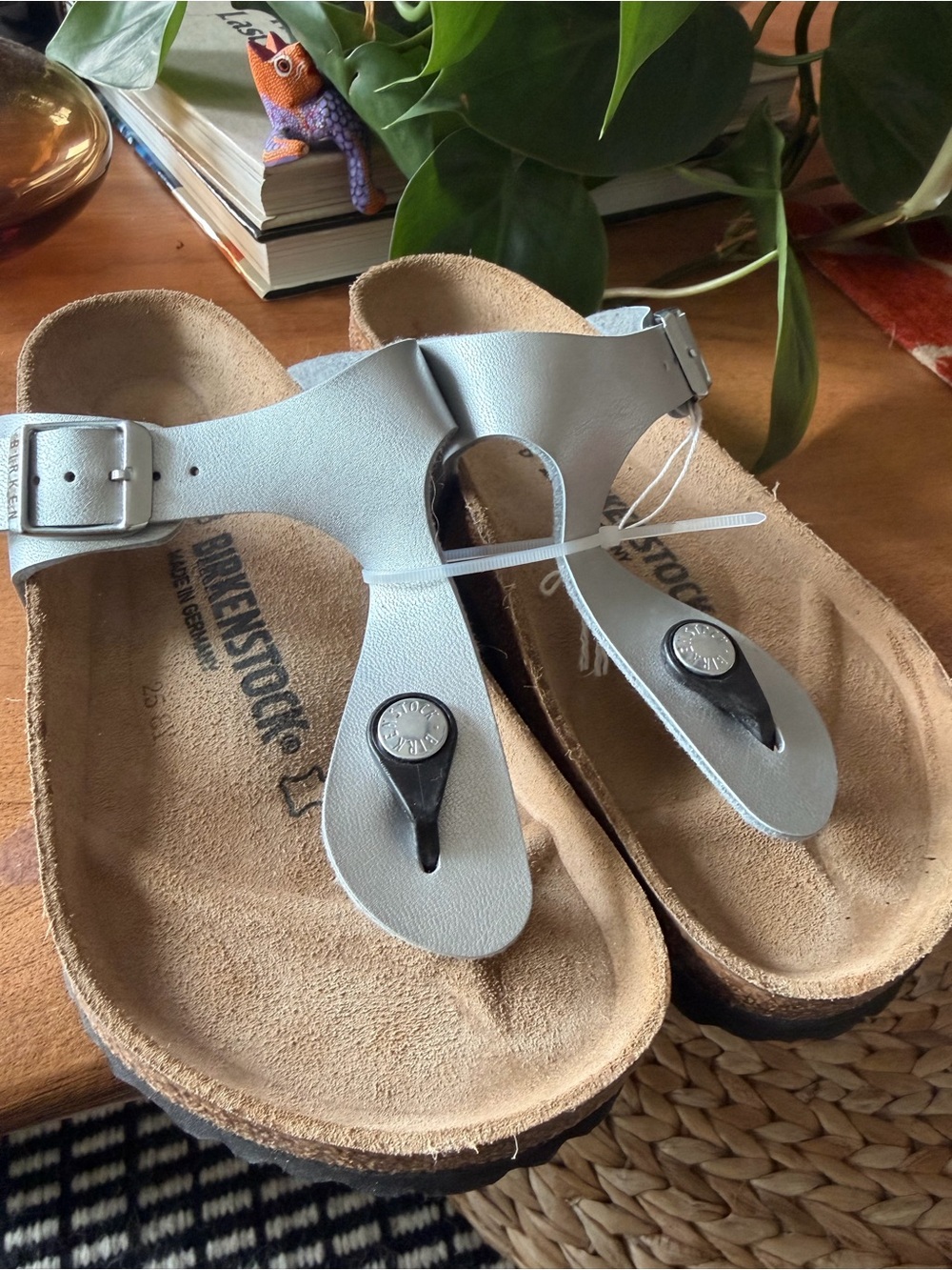 Birkenstock Silver Toned Leather Thong Sandals